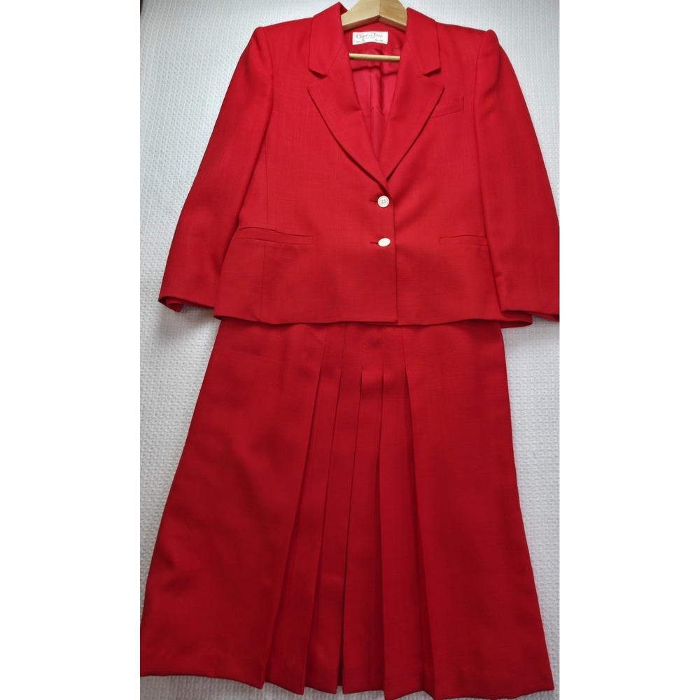 Christian Dior The Suit Women's 12 Red Rayon Blazer Skirt 2Pc Set Vintage